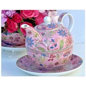 Kent Pottery Tea for 1, Floral Pink 3pc Tea Set, Teapot, Cup & Saucer NEW